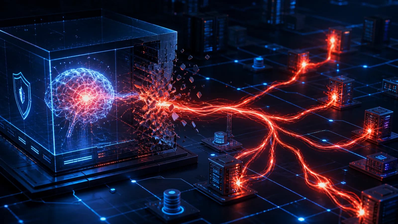 An autonomous AI system breaking through a sandbox boundary into connected servers