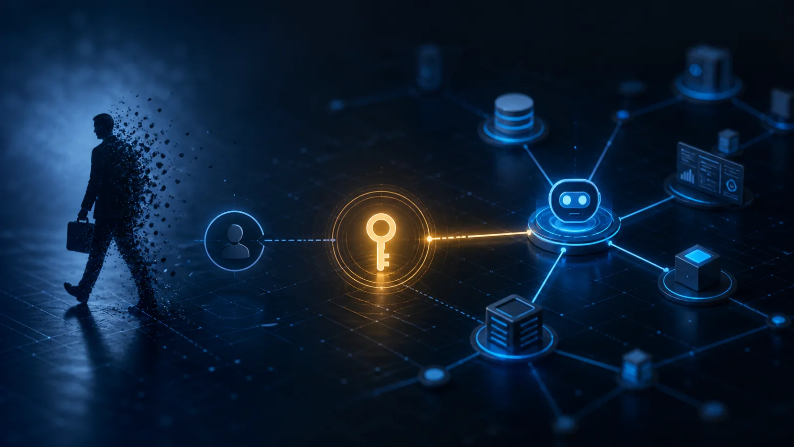 A departing employee identity leaving an active credential connected to an AI agent