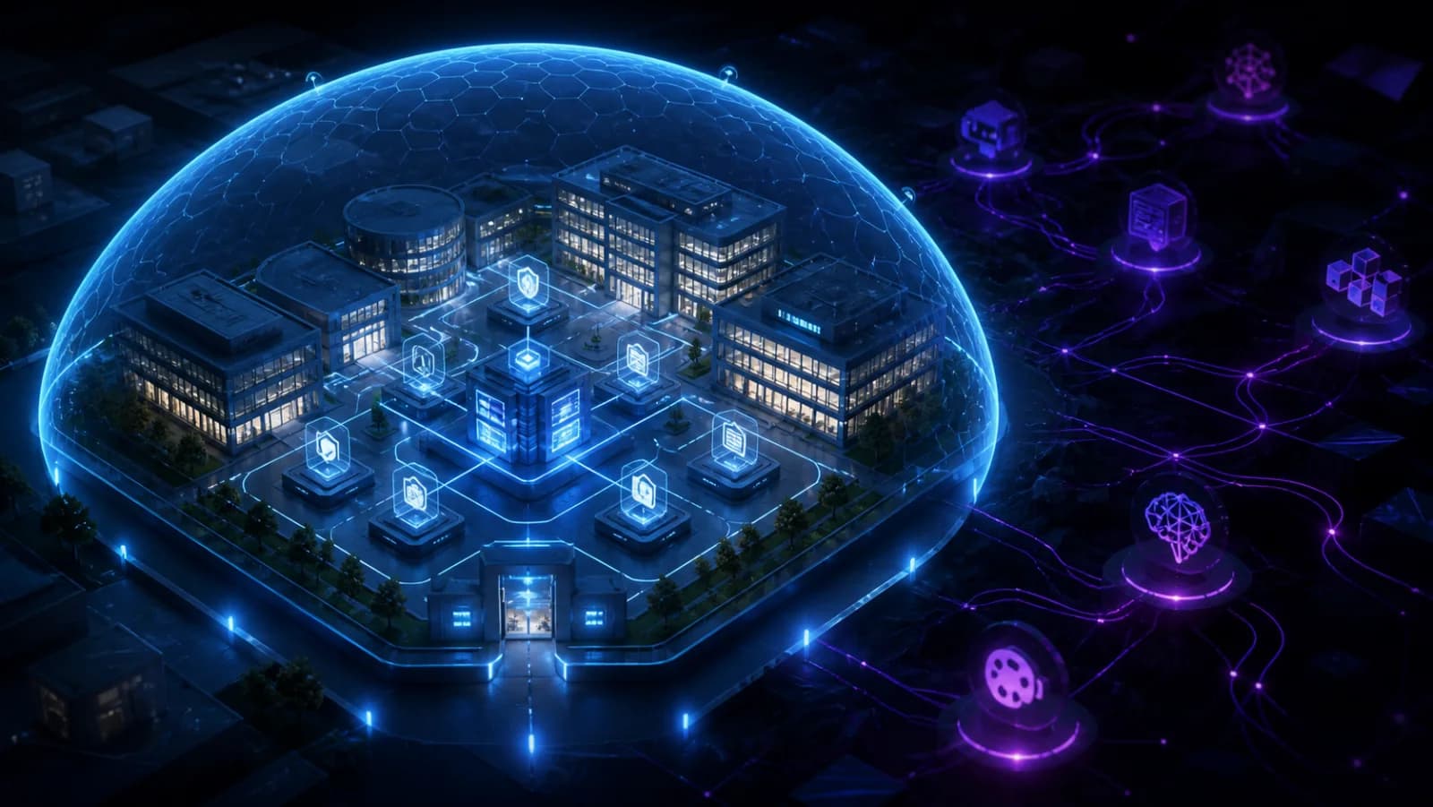 A governed enterprise network surrounded by hidden, unapproved AI connections